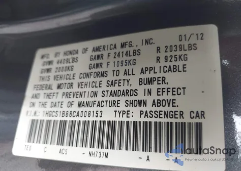 2012 Honda Accord 2.4 Ex-L from USA, damaged, VIN 1HGCS1B88CA008153